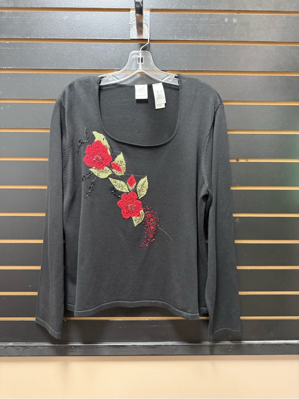 Emma James Black Floral Embroidered Beaded Sweater XL Long Sleeve